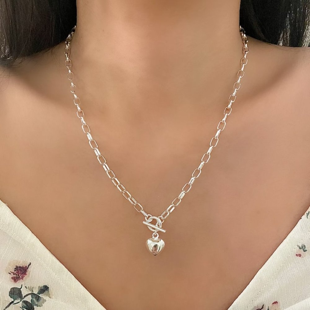 925 Sterling Silver Heart Necklace Chunky Toggle Link Necklace - Picture 1 of 3